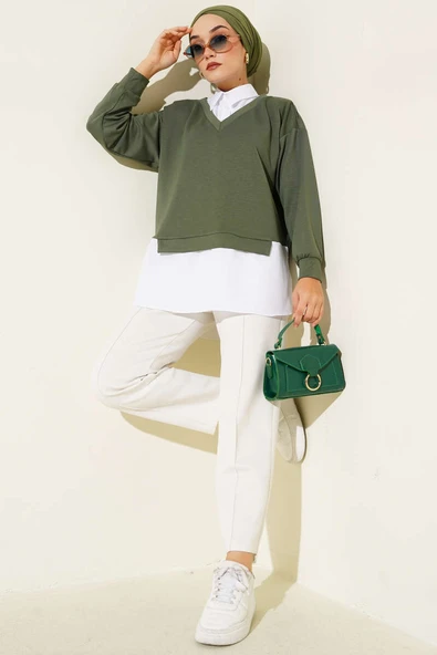 Gömlek Yakalı Granili Tunik Haki - Resim 2