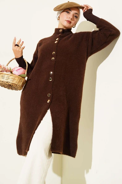 Metal Düğmeli Sakallı Hırka Kahve - Resim 2