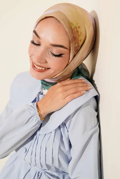 Çiçekli Şeritli Bambu Kraş Eşarp Yeşil - Resim 2