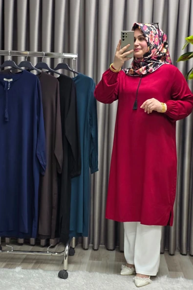 Kadın Tesettür Giyim Büyük Beden Tek Renk İpli Tunik - Resim 3