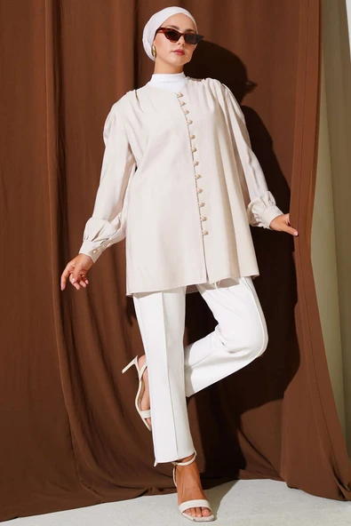 Brit Düğmeli Tensel Gömlek Bej ürün görseli 1