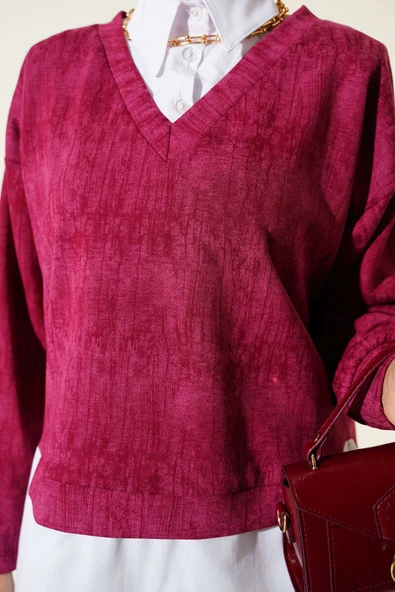 Gömlek Yakalı Granili Tunik Bordo - Resim 4