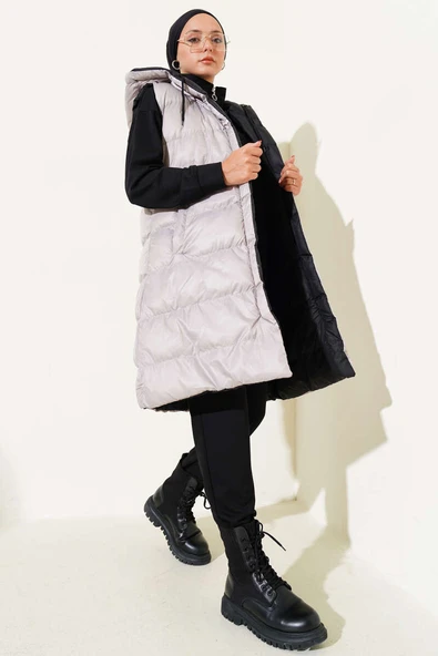 Çift Taraflı Fermuarlı Şişme Yelek Siyah Gri ürün görseli