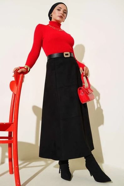 Balıkçı Yaka Parmak Geçirmeli Triko Kazak Kırmızı - Resim 2