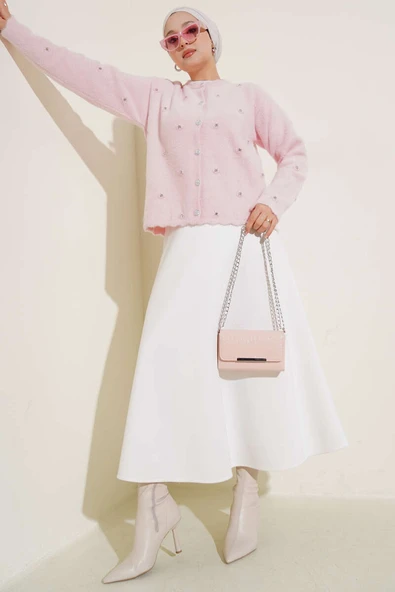 Taşlı Çiçek Düğmeli Sakallı Hırka Pudra - Resim 2