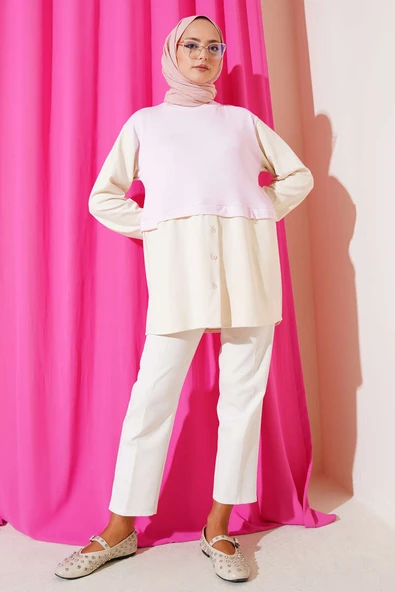 Bilekleri Tünelli Garnili Tunik Pembe - Resim 2