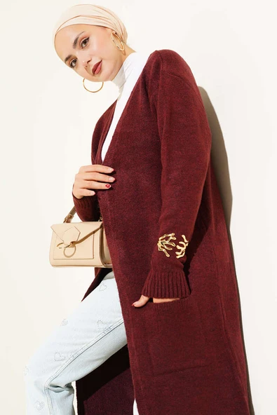 Cepli Uzun Triko Hırka Bordo ürün görseli