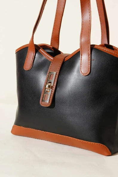 Fermuarlı Kilit Detaylı Kol Çanta Siyah Taba - Resim 3