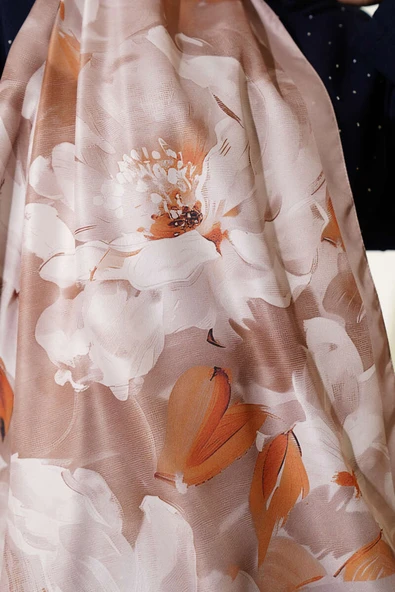 Çiçek Desen Twill Şal Kum Bej - Resim 4