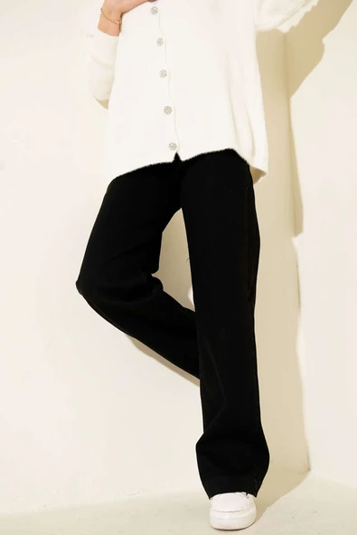 Önü Metal Düğmeli Bol Kot Pantolon Siyah ürün görseli 1