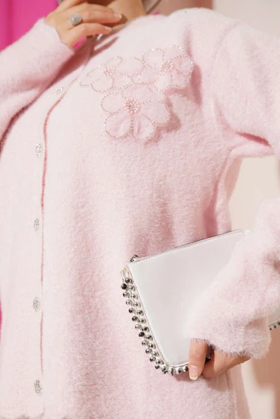 Sakallı Çiçek Motifli Hırka Pembe - Resim 4