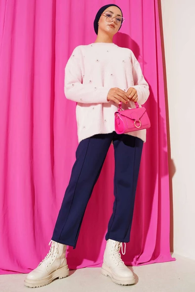 Taş Detaylı Sakallı Kazak Pudra - Resim 2