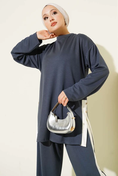 Gold Düğmeli Garnili Loyşa İkili Takım Füme - Resim 2