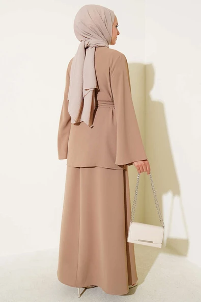 Tek Düğmeli Kuşaklı Dabıl İkili Takım Latte - Resim 3