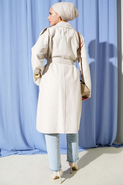 Omuz Apoletli Düğme Detaylı Trençkot Taş - Resim 3