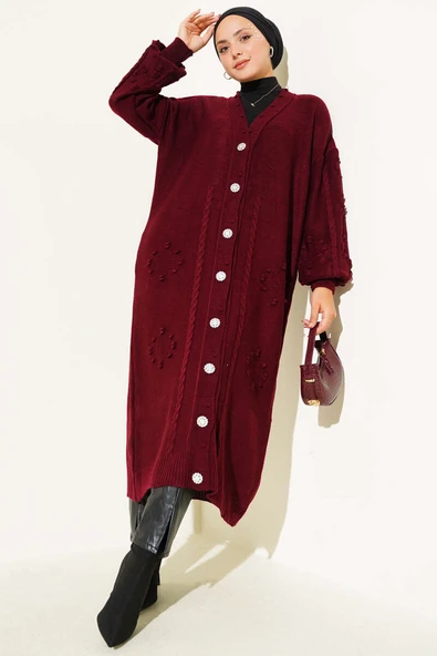 Taşlı Düğmeli Triko Hırka Bordo - Resim 2