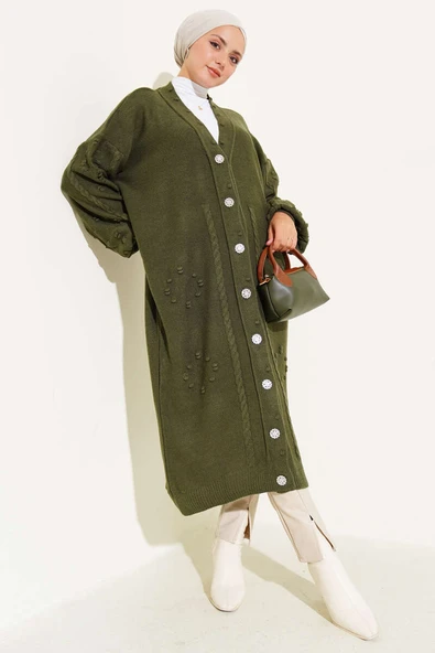 Taşlı Düğmeli Triko Hırka Haki - Resim 2