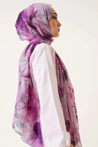 Lilyum Desen Ebruli Şal Fuşya - Resim 3