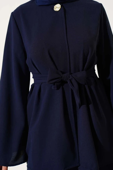 Tek Düğmeli Kuşaklı Dabıl İkili Takım Lacivert - Resim 4