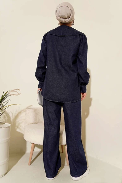 Denizci Yaka Fermuarlı Kot İkili Takım Lacivert - Resim 3