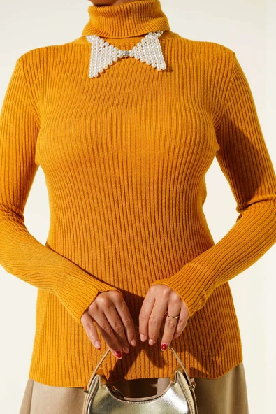 Balıkçı Yaka Parmak Geçirmeli Triko Kazak Hardal - Resim 4