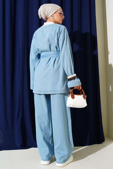 Metal Düğmeli Cepli Kot İkili Takım Açık Mavi - Resim 3