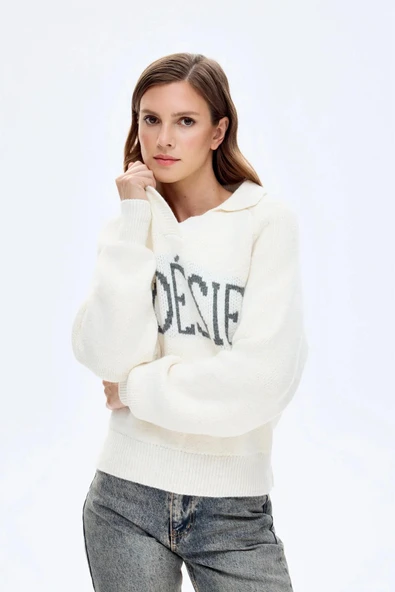 Quzu Yazı Detaylı Triko Kazak - Resim 3