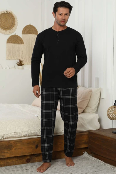 Ekose Desen İnterlok Erkek Pijama Takımı Siyah ürün görseli 1