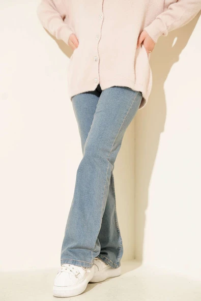 Kemerli İspanyol Paça Kot Pantolon Açık Mavi ürün görseli 1