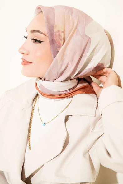 Çiçekli Şeritli Bambu Kraş Eşarp Camel ürün görseli 1