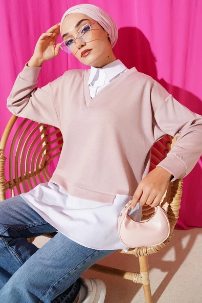 Gömlek Yakalı Granili Tunik Pudra ürün görseli 1