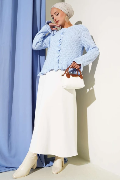 Fırfırlı Düğmeli Kısa Triko Hırka Mavi - Resim 2