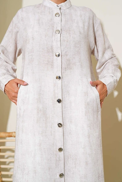 Metal Düğmeli Cepli Uzun Gömlek Taş - Resim 4