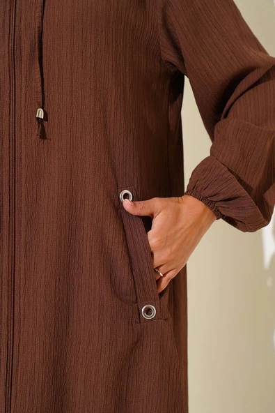 Kapüşonlu Cepli Ağaç Kabuğu Kap Kahve - Resim 4