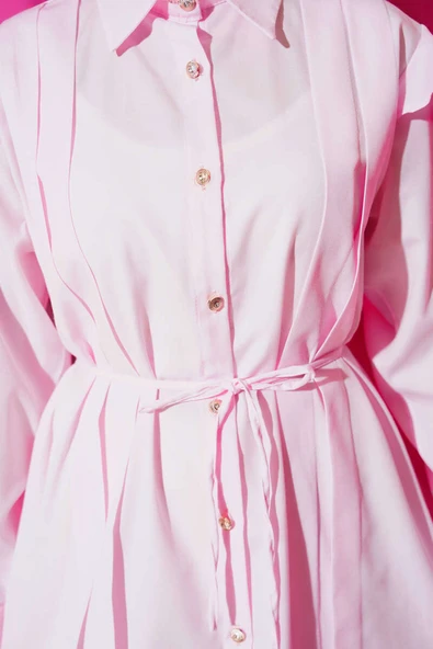 Omuz Fırfırlı Şeritli Kuşaklı Gömlek Toz Pembe - Resim 4