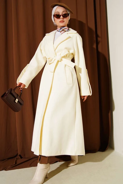 Fitilli Kuşaklı Kaşe Kaban Ekru - Resim 2