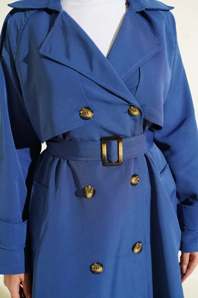 Kruvaze Pelerinli Kuşaklı Trençkot İndigo - Resim 4