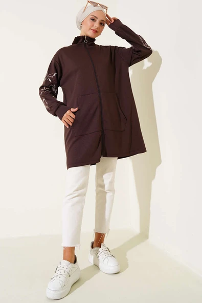 Loyşa Kolları Nakışlı Fermuarlı Hırka Acı Kahve - Resim 2