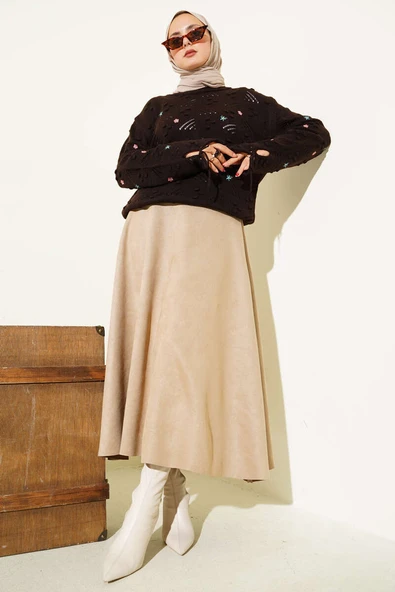 Kol Bağcıklı Çiçek Nakışlı Triko Kazak Kahve - Resim 2