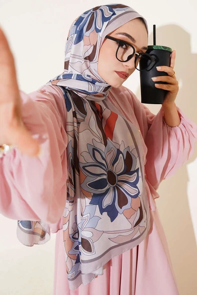 Çiçek Çizgili Soft Şal Bej ürün görseli 1