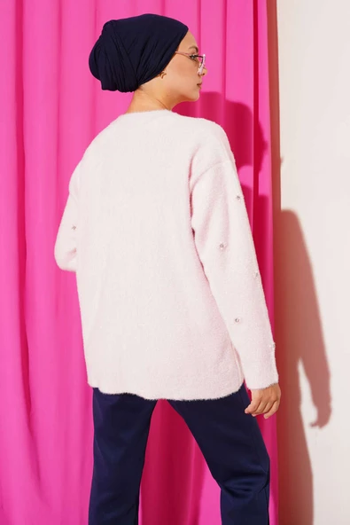 Taş Detaylı Sakallı Kazak Pudra - Resim 3