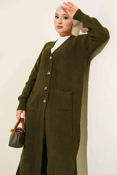 Düğmeli Cepli Uzun Triko Hırka Haki - Resim 2