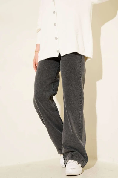 Önü Metal Düğmeli Bol Kot Pantolon Füme ürün görseli 1