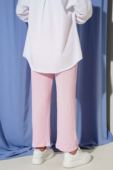 Beli Lastikli Gofre Pantolon Pembe - Resim 3