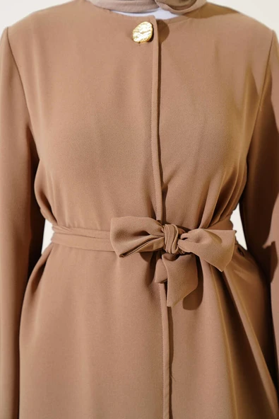 Tek Düğmeli Kuşaklı Dabıl İkili Takım Latte - Resim 4