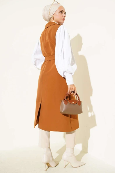 Kuşaklı Sıfır Kol Trençkot Taba - Resim 3