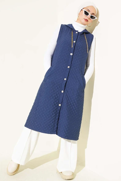 Kapüşonlu Kapitone Yelek Lacivert - Resim 2