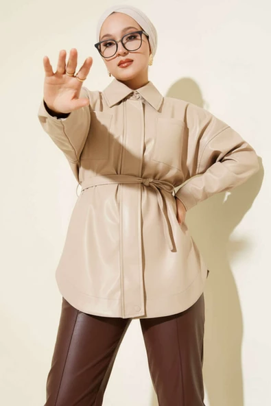 Gömlek Yaka İp Kuşaklı Deri Ceket Bej - 2