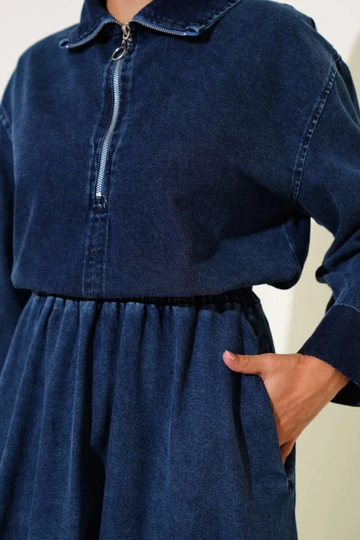 Yarım Fermuarlı Etekli Kot İkili Takım Koyu Mavi - Resim 4