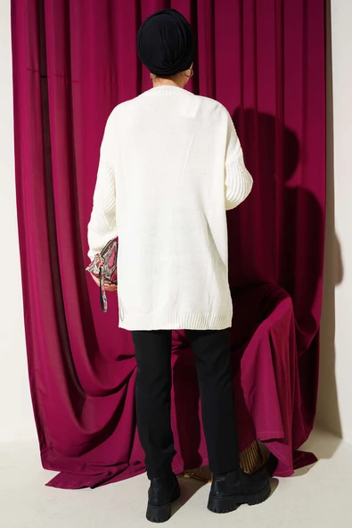 Çizgi Baklava Desen Triko Tunik Ekru - Resim 3